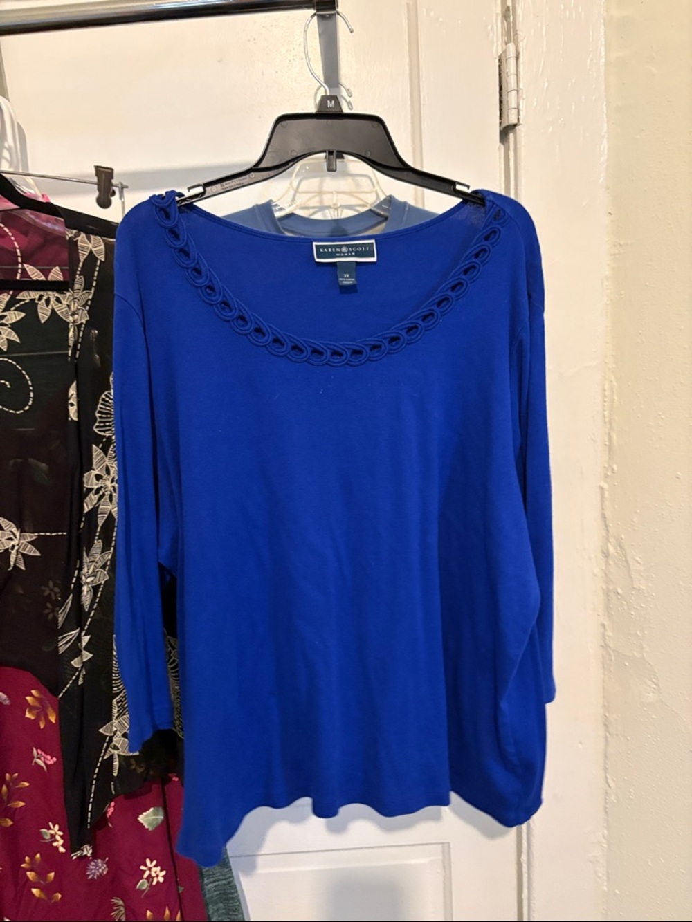 Karen Scott Cobalt Blue Long Sleeve Top with Crochet Neckline
